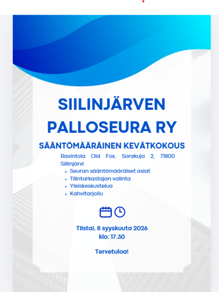 Siilinjärven palloseura ry:n sääntömääräinen kevätkokous 8.9.2026