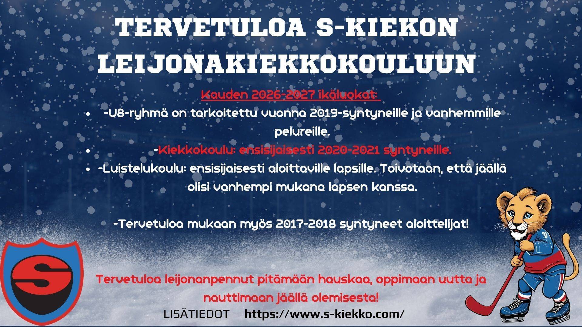 Ilmoittautuminen leijonakiekkokouluun kaudelle 2026-2027