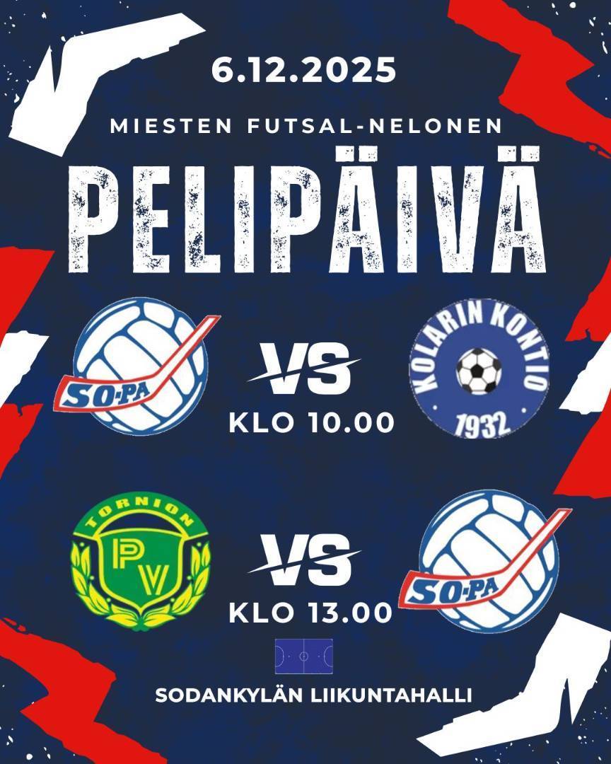 Miesten edustuksen futsal kotiturnaus 6.12.2025 itsenäisyyspäivänä Sodankylän liikuntahallilla.