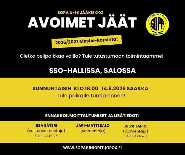 Oletko pelipaikkaa vailla? Sopa U16 joukkue hakee pelaajia! 