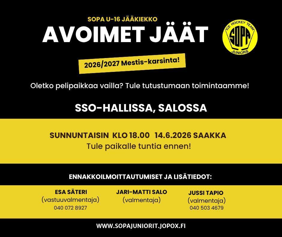 Oletko pelipaikkaa vailla? Sopa U16 joukkue hakee pelaajia!