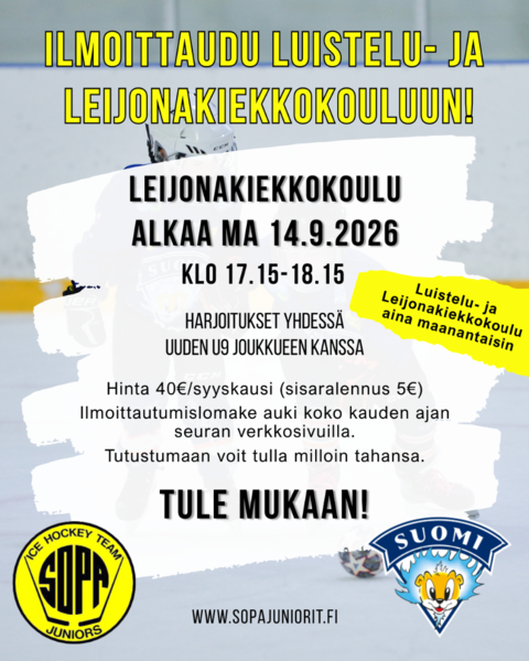 Luistelu-ja Leijonakiekkokoulun ilmoittautuminen auki!