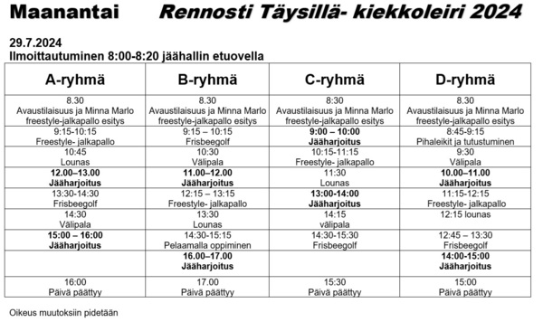 Rennosti Täysillä- kiekkoleirin leiriohjelma julkaistu!