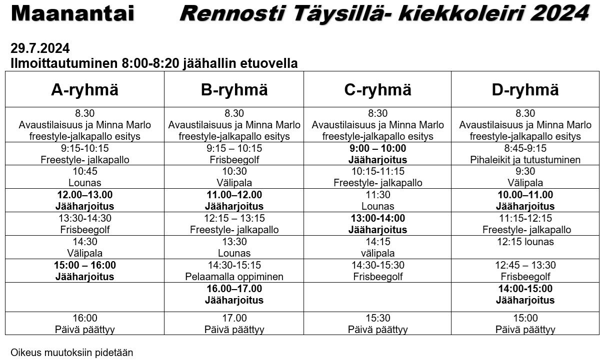 Rennosti Täysillä- kiekkoleirin leiriohjelma