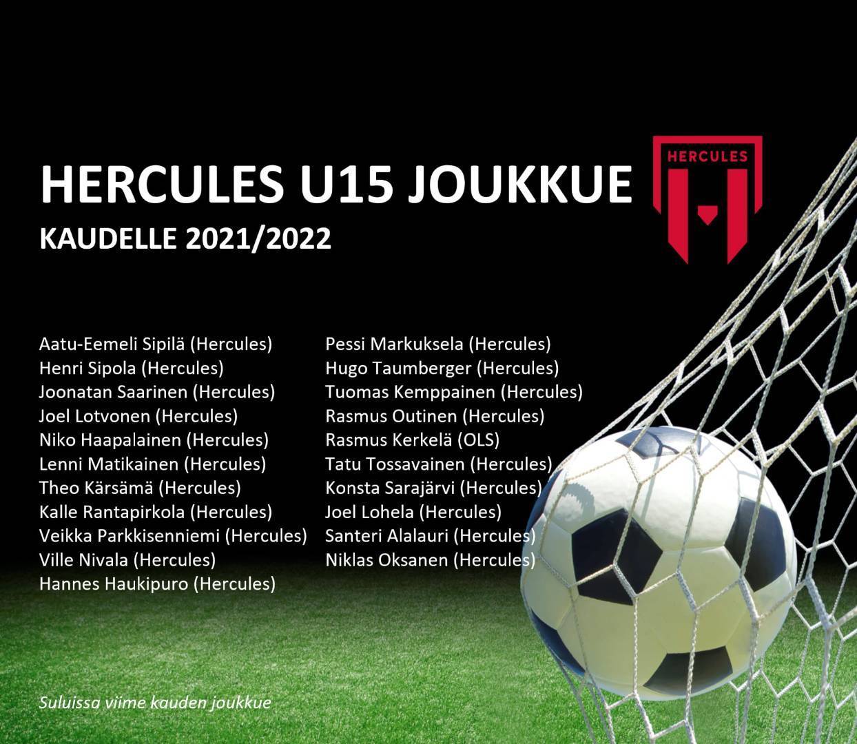 Hercules U15 valittu kaudelle 2021-2022
