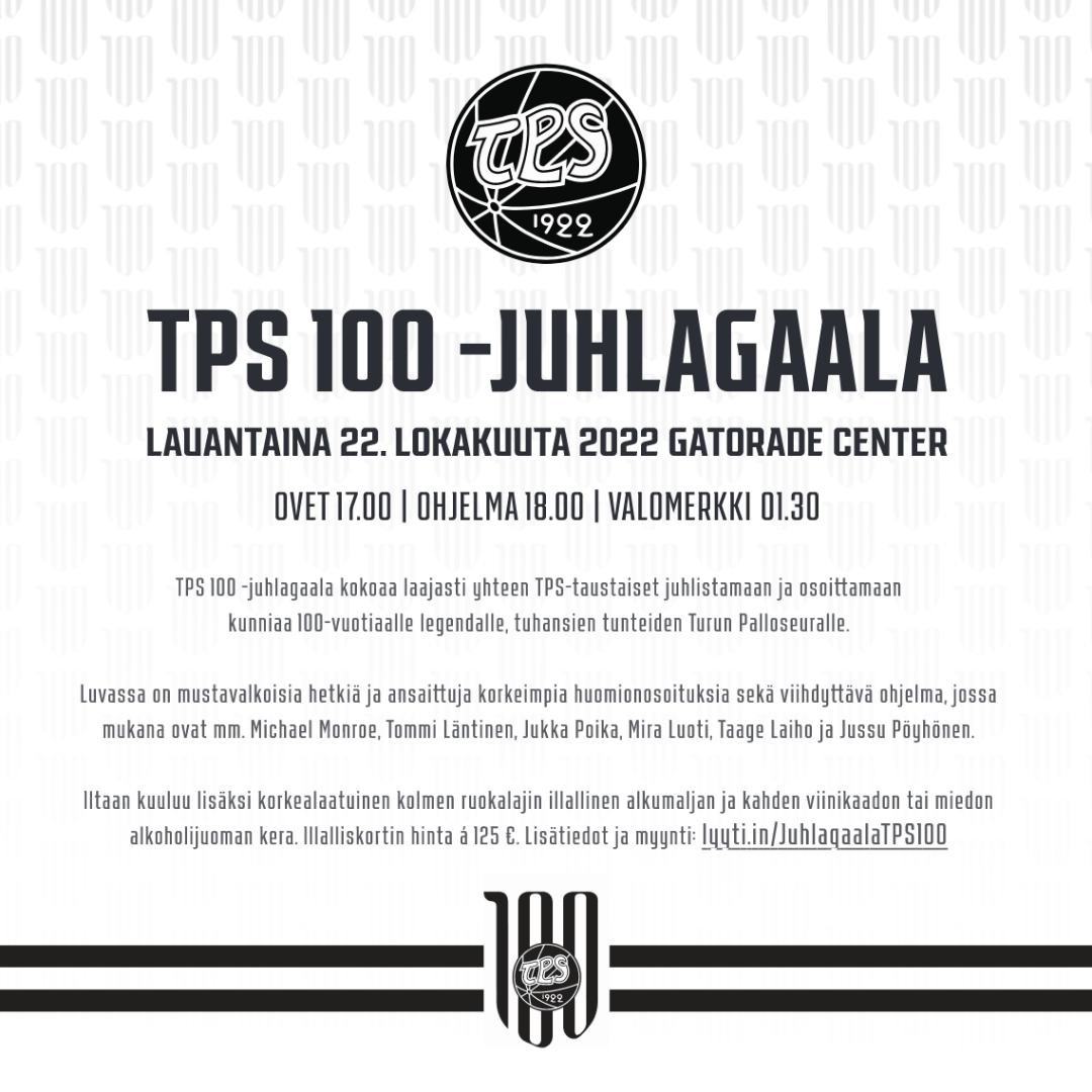 TPS 100-juhlagaalan illalliskortit ovat myynnissä!