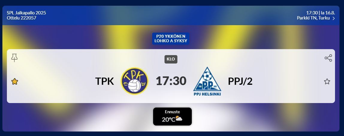 Otteluennakko: TPK - PPJ/2 lauantaina 16.8.2025
