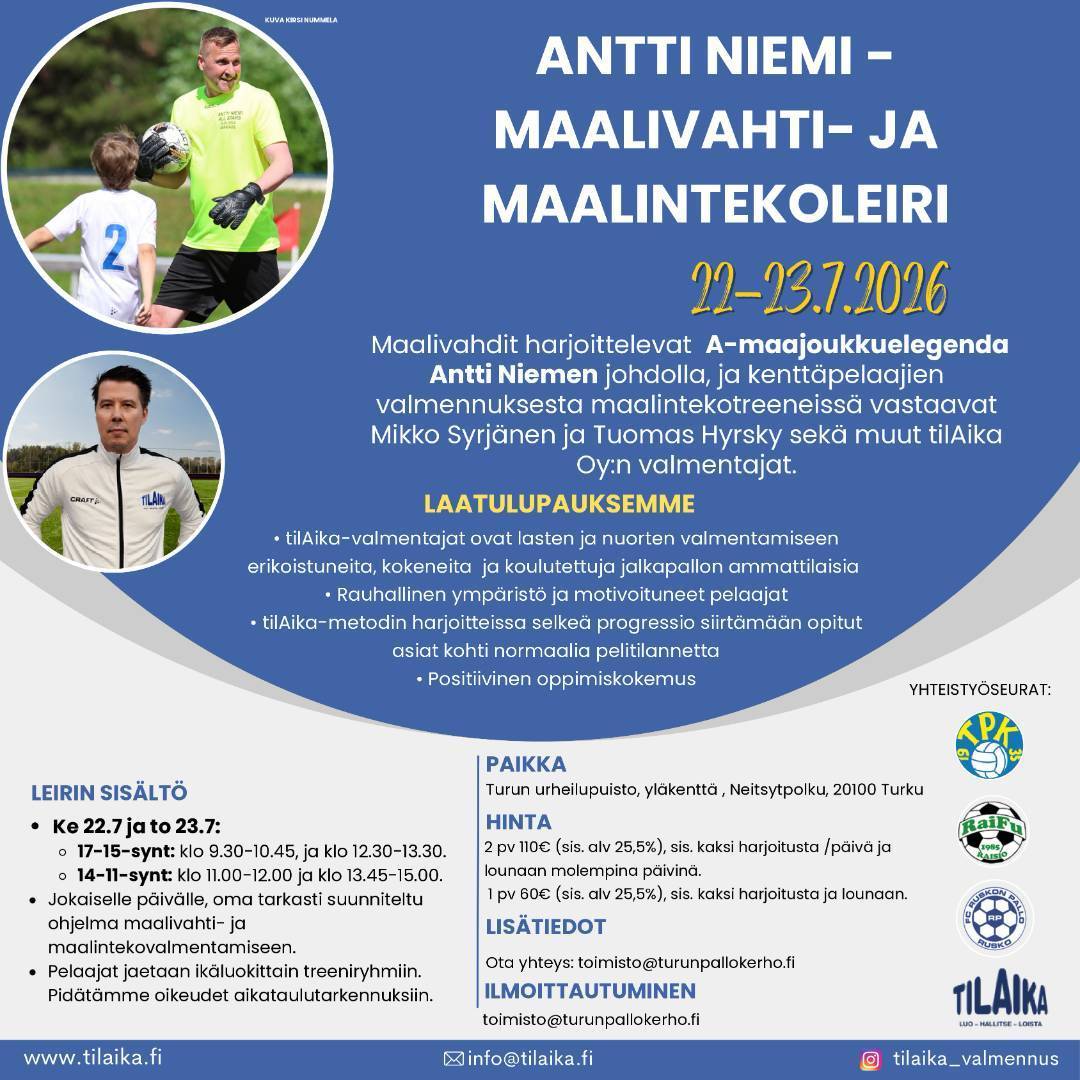 Antti Niemi - maalivahti ja maalintekoleiri 22.-23.7.2026