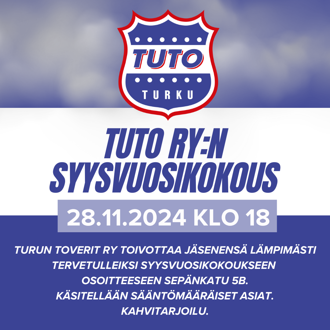 Tervetuloa TuTo ry:n syysvuosikokoukseen 28.11. klo 18!