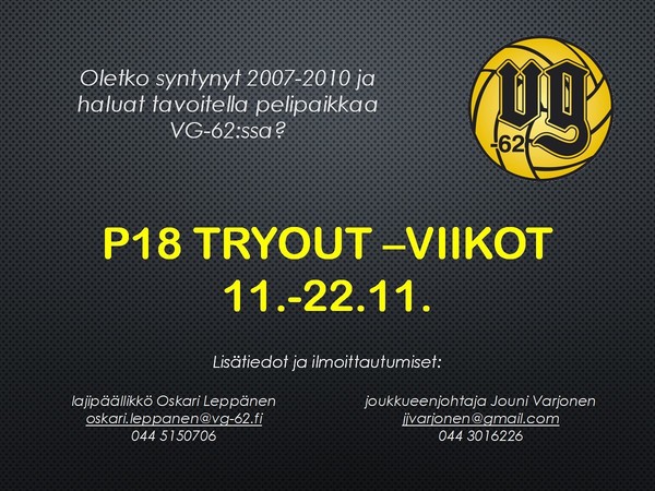 P18 TRYOUT -viikot käynnissä