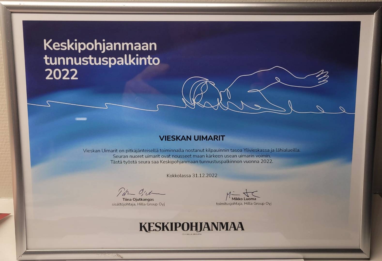Keskipohjanmaan tunnustuspalkinto 2022 Vieskan Uimareille
